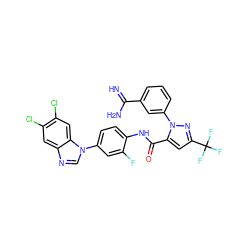 N=C(N)c1cccc(-n2nc(C(F)(F)F)cc2C(=O)Nc2ccc(-n3cnc4cc(Cl)c(Cl)cc43)cc2F)c1 ZINC000014950682