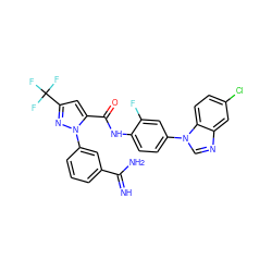 N=C(N)c1cccc(-n2nc(C(F)(F)F)cc2C(=O)Nc2ccc(-n3cnc4cc(Cl)ccc43)cc2F)c1 ZINC000014950662