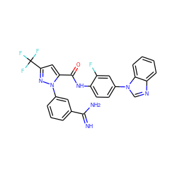 N=C(N)c1cccc(-n2nc(C(F)(F)F)cc2C(=O)Nc2ccc(-n3cnc4ccccc43)cc2F)c1 ZINC000014950644