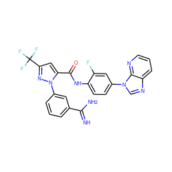 N=C(N)c1cccc(-n2nc(C(F)(F)F)cc2C(=O)Nc2ccc(-n3cnc4cccnc43)cc2F)c1 ZINC000014950660