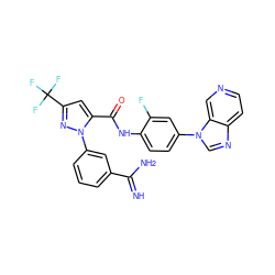 N=C(N)c1cccc(-n2nc(C(F)(F)F)cc2C(=O)Nc2ccc(-n3cnc4ccncc43)cc2F)c1 ZINC000014950656