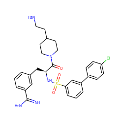 N=C(N)c1cccc(C[C@H](NS(=O)(=O)c2cccc(-c3ccc(Cl)cc3)c2)C(=O)N2CCC(CCN)CC2)c1 ZINC000042876561