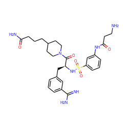 N=C(N)c1cccc(C[C@H](NS(=O)(=O)c2cccc(NC(=O)CCN)c2)C(=O)N2CCC(CCCC(N)=O)CC2)c1 ZINC000049878278