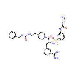 N=C(N)c1cccc(C[C@H](NS(=O)(=O)c2cccc(NC(=O)CCN)c2)C(=O)N2CCC(CCNC(=O)NCc3ccccc3)CC2)c1 ZINC000169323456