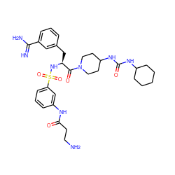 N=C(N)c1cccc(C[C@H](NS(=O)(=O)c2cccc(NC(=O)CCN)c2)C(=O)N2CCC(NC(=O)NC3CCCCC3)CC2)c1 ZINC000169323452