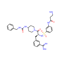 N=C(N)c1cccc(C[C@H](NS(=O)(=O)c2cccc(NC(=O)CCN)c2)C(=O)N2CCC(NC(=O)NCc3ccccc3)CC2)c1 ZINC000169323459