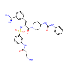 N=C(N)c1cccc(C[C@H](NS(=O)(=O)c2cccc(NC(=O)CCN)c2)C(=O)N2CCC(NC(=O)Nc3ccccc3)CC2)c1 ZINC000169323448