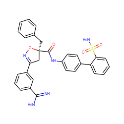 N=C(N)c1cccc(C2=NO[C@@](Cc3ccccc3)(C(=O)Nc3ccc(-c4ccccc4S(N)(=O)=O)cc3)C2)c1 ZINC000026665378