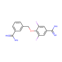 N=C(N)c1cccc(COc2c(I)cc(C(=N)N)cc2I)c1 ZINC000096910492