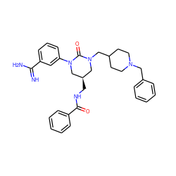 N=C(N)c1cccc(N2C[C@H](CNC(=O)c3ccccc3)CN(CC3CCN(Cc4ccccc4)CC3)C2=O)c1 ZINC000653746440