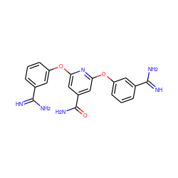 N=C(N)c1cccc(Oc2cc(C(N)=O)cc(Oc3cccc(C(=N)N)c3)n2)c1 ZINC000013797436