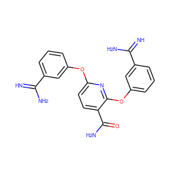 N=C(N)c1cccc(Oc2ccc(C(N)=O)c(Oc3cccc(C(=N)N)c3)n2)c1 ZINC000013797418
