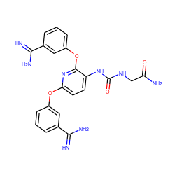 N=C(N)c1cccc(Oc2ccc(NC(=O)NCC(N)=O)c(Oc3cccc(C(=N)N)c3)n2)c1 ZINC000013797412