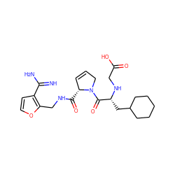 N=C(N)c1ccoc1CNC(=O)[C@@H]1C=CCN1C(=O)[C@@H](CC1CCCCC1)NCC(=O)O ZINC000036107698