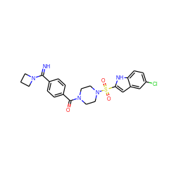 N=C(c1ccc(C(=O)N2CCN(S(=O)(=O)c3cc4cc(Cl)ccc4[nH]3)CC2)cc1)N1CCC1 ZINC000026180673