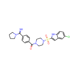 N=C(c1ccc(C(=O)N2CCN(S(=O)(=O)c3cc4cc(Cl)ccc4[nH]3)CC2)cc1)N1CCCC1 ZINC000026177456