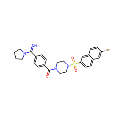 N=C(c1ccc(C(=O)N2CCN(S(=O)(=O)c3ccc4cc(Br)ccc4c3)CC2)cc1)N1CCCC1 ZINC000026172734