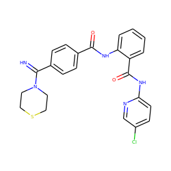 N=C(c1ccc(C(=O)Nc2ccccc2C(=O)Nc2ccc(Cl)cn2)cc1)N1CCSCC1 ZINC000033972976