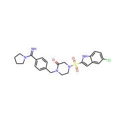 N=C(c1ccc(CN2CCN(S(=O)(=O)c3cc4cc(Cl)ccc4[nH]3)CC2=O)cc1)N1CCCC1 ZINC000026174388