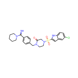 N=C(c1ccc(CN2CCN(S(=O)(=O)c3cc4cc(Cl)ccc4[nH]3)CC2=O)cc1)N1CCCCC1 ZINC000026180311