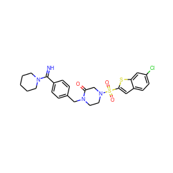 N=C(c1ccc(CN2CCN(S(=O)(=O)c3cc4ccc(Cl)cc4s3)CC2=O)cc1)N1CCCCC1 ZINC000026173857