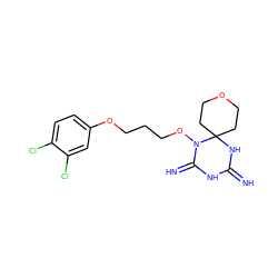 N=C1NC(=N)N(OCCCOc2ccc(Cl)c(Cl)c2)C2(CCOCC2)N1 ZINC001772583938