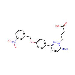 N=c1ccc(-c2ccc(OCc3cccc([N+](=O)[O-])c3)cc2)nn1CCCC(=O)O ZINC000169293577