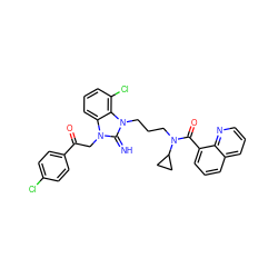 N=c1n(CC(=O)c2ccc(Cl)cc2)c2cccc(Cl)c2n1CCCN(C(=O)c1cccc2cccnc12)C1CC1 ZINC000029125780