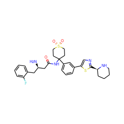 N[C@@H](CC(=O)NC1(c2cccc(-c3cnc([C@@H]4CCCCN4)s3)c2)CCS(=O)(=O)CC1)Cc1ccccc1F ZINC000095559979