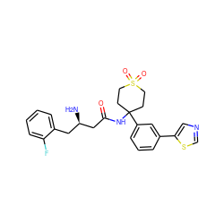 N[C@@H](CC(=O)NC1(c2cccc(-c3cncs3)c2)CCS(=O)(=O)CC1)Cc1ccccc1F ZINC000095561351