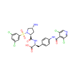 N[C@@H]1C[C@@H](C(=O)N[C@@H](Cc2ccc(NC(=O)c3c(Cl)cncc3Cl)cc2)C(=O)O)N(S(=O)(=O)c2cc(Cl)cc(Cl)c2)C1 ZINC000049898839