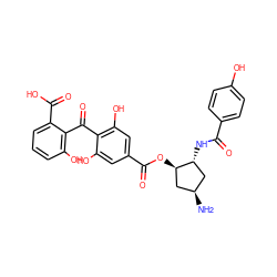 N[C@@H]1C[C@@H](NC(=O)c2ccc(O)cc2)[C@H](OC(=O)c2cc(O)c(C(=O)c3c(O)cccc3C(=O)O)c(O)c2)C1 ZINC000096902506