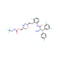 N[C@H](C(=O)Nc1cccc(F)c1CC[C@@H]1CN[C@H](COC(=O)NCC(F)(F)F)CO1)[C@@H](c1ccc(F)cc1)c1cc(F)cc(F)c1 ZINC000222606693