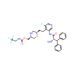 N[C@H](C(=O)Nc1cncc(F)c1CC[C@@H]1CN[C@H](COC(=O)NCC(F)(F)F)CO1)C(c1ccccc1)c1ccccc1 ZINC000653834573