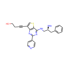 N[C@H](CNc1nc(-c2ccncc2)nc2c(C#CCCO)csc12)Cc1ccccc1 ZINC000223694616