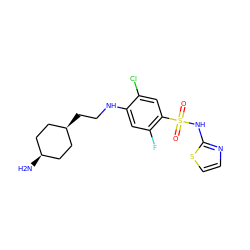 N[C@H]1CC[C@@H](CCNc2cc(F)c(S(=O)(=O)Nc3nccs3)cc2Cl)CC1 ZINC001772656161