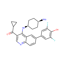 N[C@H]1CC[C@@H](Nc2c(C(=O)C3CC3)cnc3ccc(-c4cc(F)c(O)c(F)c4)cc23)CC1 ZINC000114038953