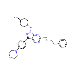 N[C@H]1CC[C@H](Cn2nc(-c3ccc(N4CCNCC4)cc3)c3cnc(NCCCc4ccccc4)nc32)CC1 ZINC000254075224