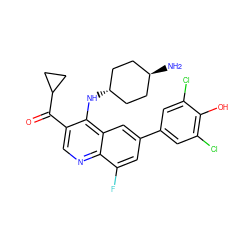 N[C@H]1CC[C@H](Nc2c(C(=O)C3CC3)cnc3c(F)cc(-c4cc(Cl)c(O)c(Cl)c4)cc23)CC1 ZINC000473152107