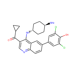 N[C@H]1CC[C@H](Nc2c(C(=O)C3CC3)cnc3ccc(-c4cc(Cl)c(O)c(Cl)c4)cc23)CC1 ZINC000473194433