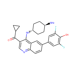 N[C@H]1CC[C@H](Nc2c(C(=O)C3CC3)cnc3ccc(-c4cc(F)c(O)c(F)c4)cc23)CC1 ZINC000114034233