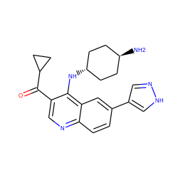 N[C@H]1CC[C@H](Nc2c(C(=O)C3CC3)cnc3ccc(-c4cn[nH]c4)cc23)CC1 ZINC000473194907