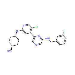 N[C@H]1CC[C@H](Nc2cc(-c3cncc(NCc4cccc(F)c4)n3)c(Cl)cn2)CC1 ZINC000261150962