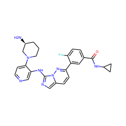 N[C@H]1CCCN(c2ccncc2Nc2ncc3ccc(-c4cc(C(=O)NC5CC5)ccc4F)nn23)C1 ZINC000142896337