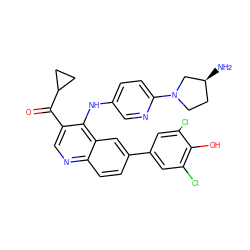 N[C@H]1CCN(c2ccc(Nc3c(C(=O)C4CC4)cnc4ccc(-c5cc(Cl)c(O)c(Cl)c5)cc34)cn2)C1 ZINC000203806291