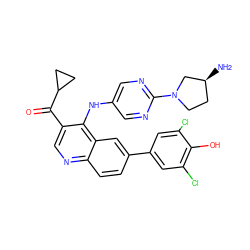 N[C@H]1CCN(c2ncc(Nc3c(C(=O)C4CC4)cnc4ccc(-c5cc(Cl)c(O)c(Cl)c5)cc34)cn2)C1 ZINC000203986988