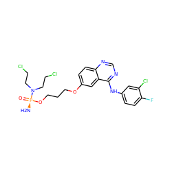 N[P@](=O)(OCCCOc1ccc2ncnc(Nc3ccc(F)c(Cl)c3)c2c1)N(CCCl)CCCl ZINC001772617375