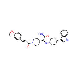 NC(=O)[C@@H](NC1CCC(c2c[nH]c3ccccc23)CC1)C1CCN(C(=O)/C=C/c2ccc3c(c2)CCO3)CC1 ZINC000168123280