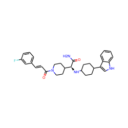 NC(=O)[C@@H](NC1CCC(c2c[nH]c3ccccc23)CC1)C1CCN(C(=O)/C=C/c2cccc(F)c2)CC1 ZINC000073165101