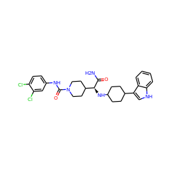 NC(=O)[C@@H](NC1CCC(c2c[nH]c3ccccc23)CC1)C1CCN(C(=O)Nc2ccc(Cl)c(Cl)c2)CC1 ZINC000167990202